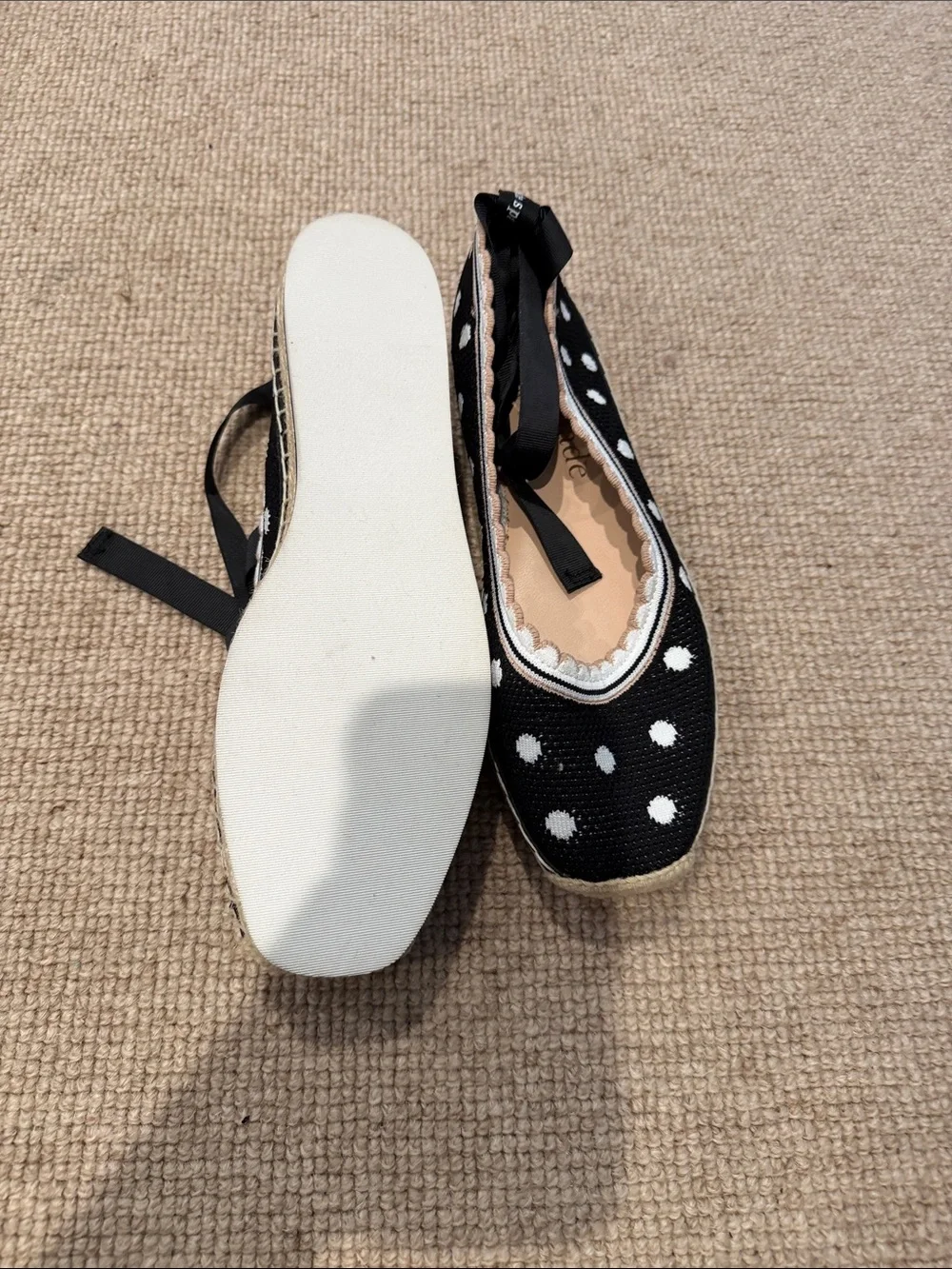 Kate Spade Black Polka Dot Espadrille Flats with Ribbon Tie